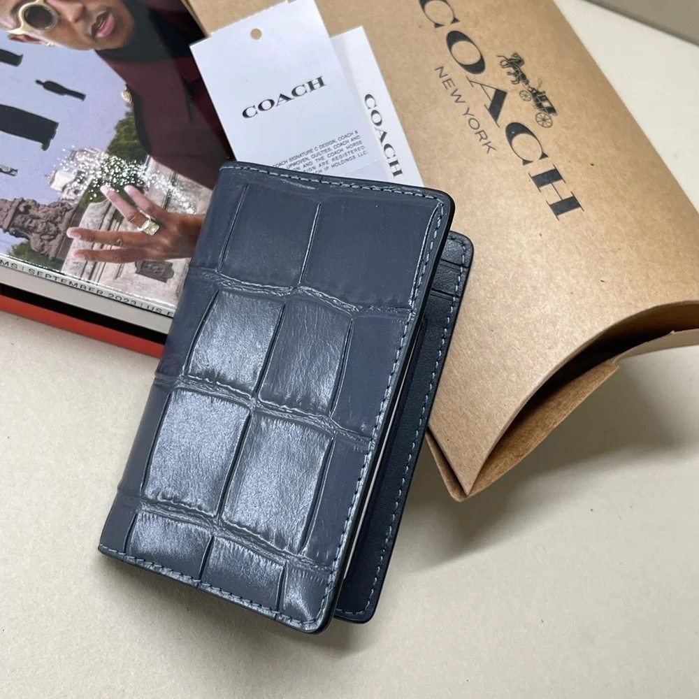 (new+tag+box) Coach Men bifold + card case croc navy wallet size 4.25x3 inch